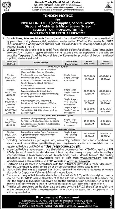 Karachi Tools, Dies & Moulds Centre Tender Notice